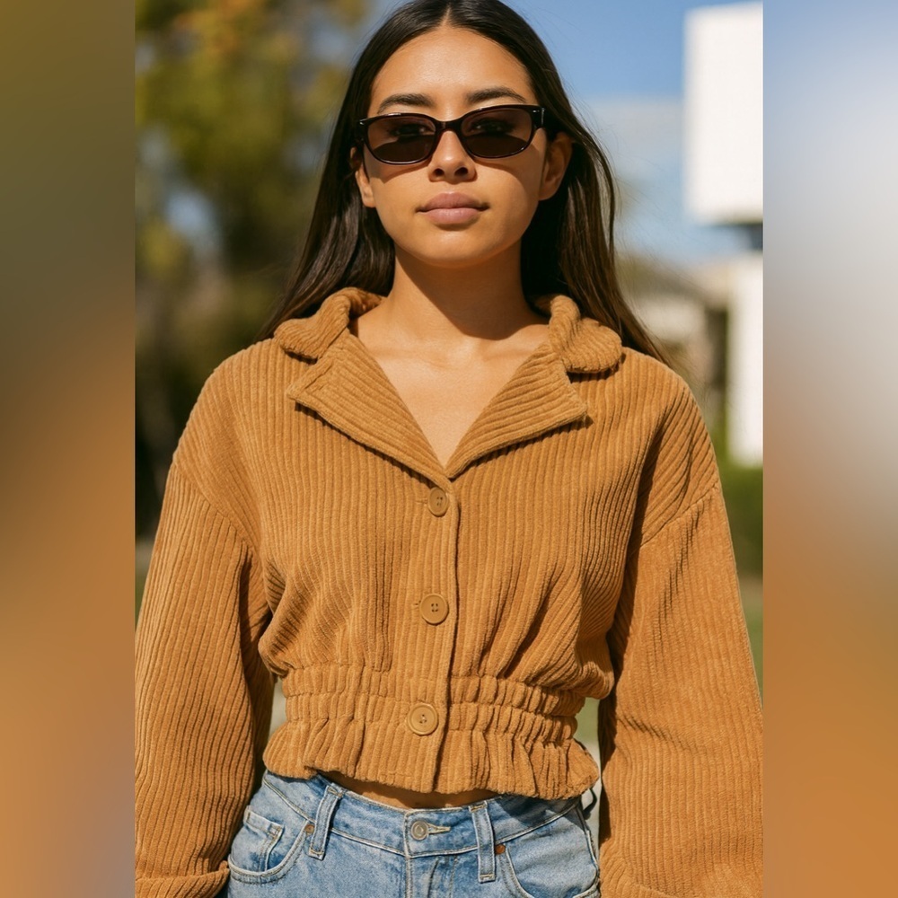 HYFVE Bubble Arm Camel Cropped Corduroy Teddy Jacket- Size Medium